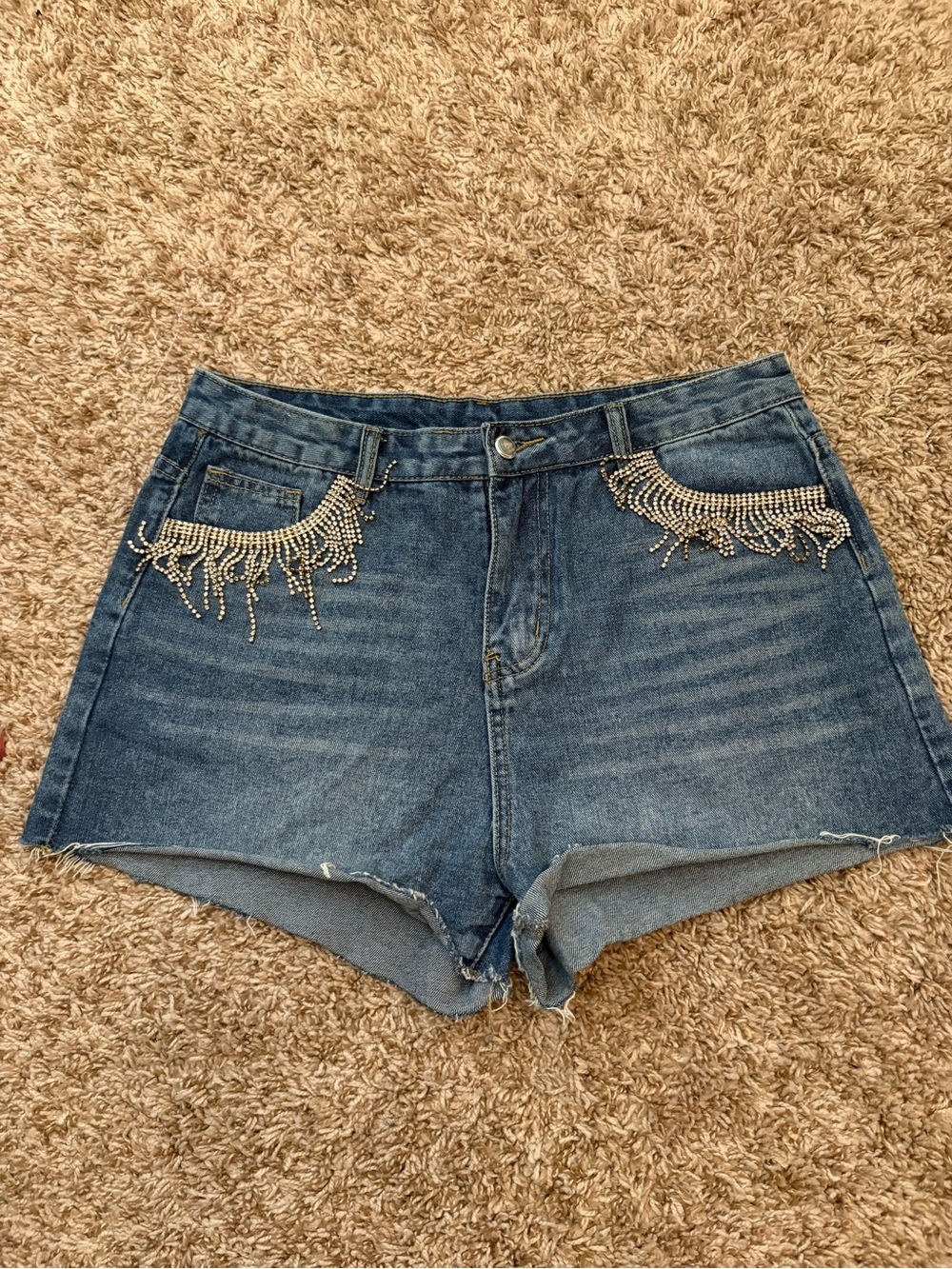 Windsor Blue Denim Shorts with Rhinestone Fringe
